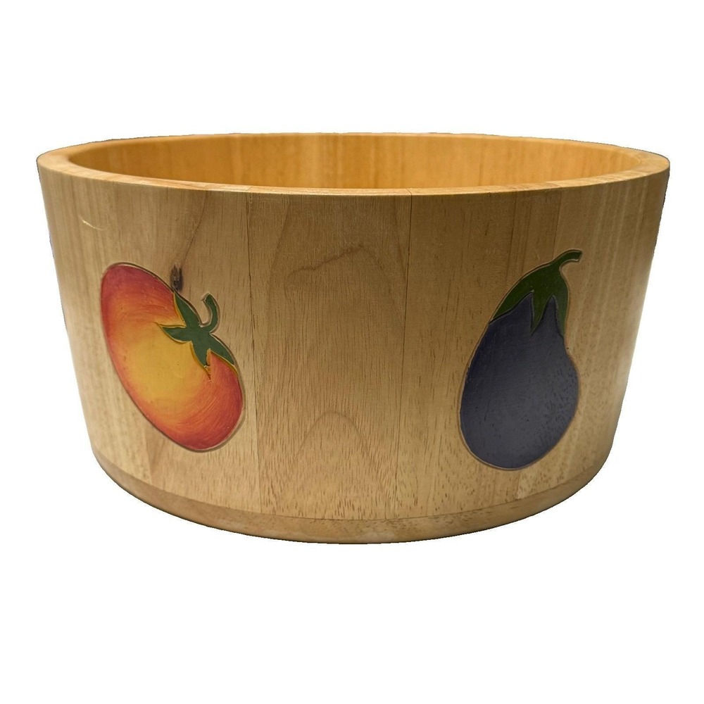Vintage 2001 Clay Art Wood Salad Bowl Hand Painted Vegetables Thailand 11"